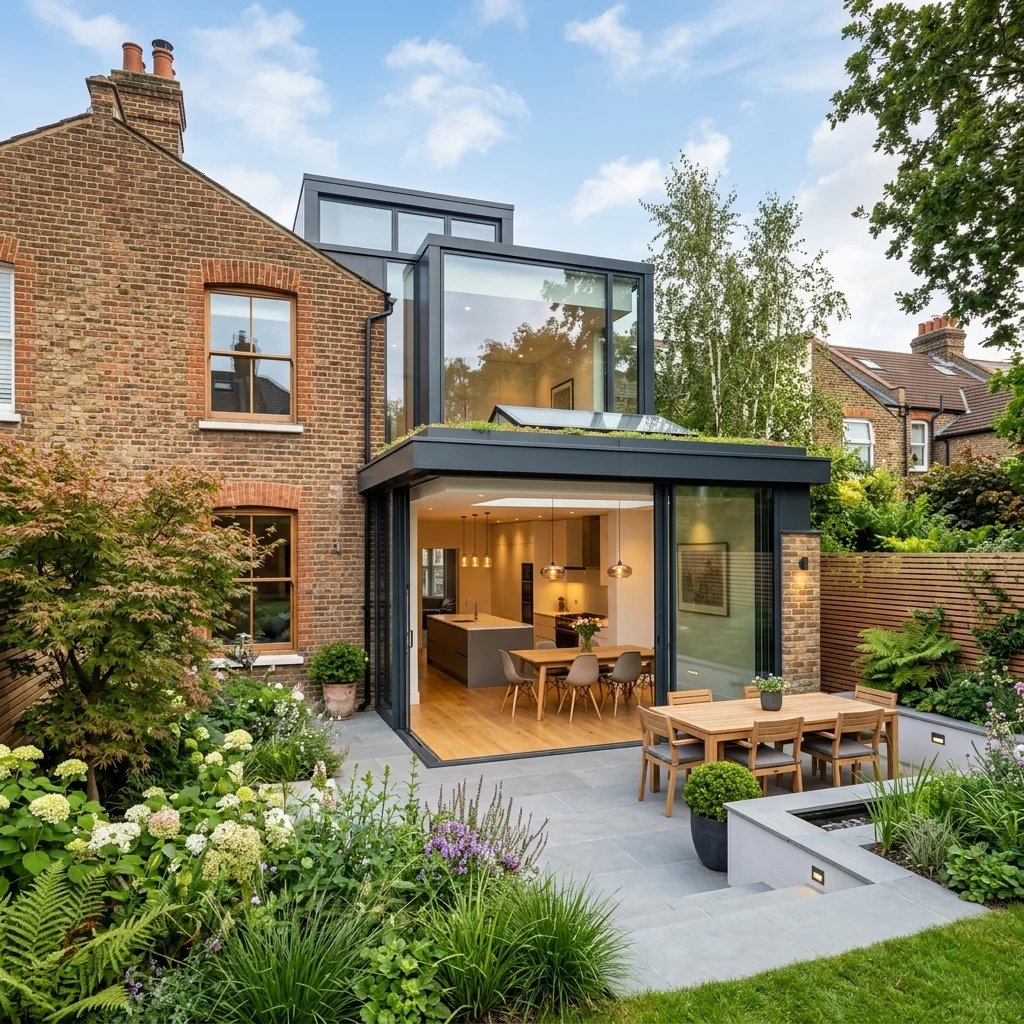 Modern open plan home extension interior with glass facade